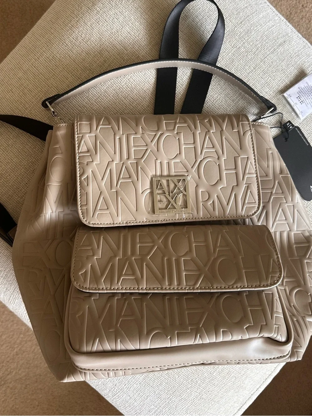 A|X Armani Exchange Beige Embossed Logo Backpack with Top Handle